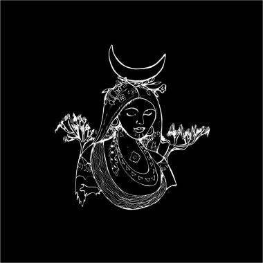 Kafasında ay olan Afrikalı bir kızın siyah-beyaz portresi, ağaçlar, süs eşyaları.