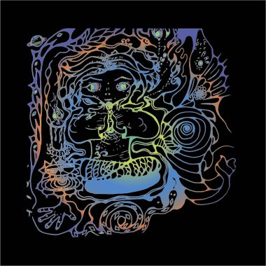 Bir meditasyon dua kişi, psychedellic hayvanlar, süseşyaları, desenler, büyü renk illüstrasyon.