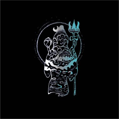 Çift pozlama ile shiva renk illüstrasyon. Dağlar, gökyüzü, Halo, tanrı.