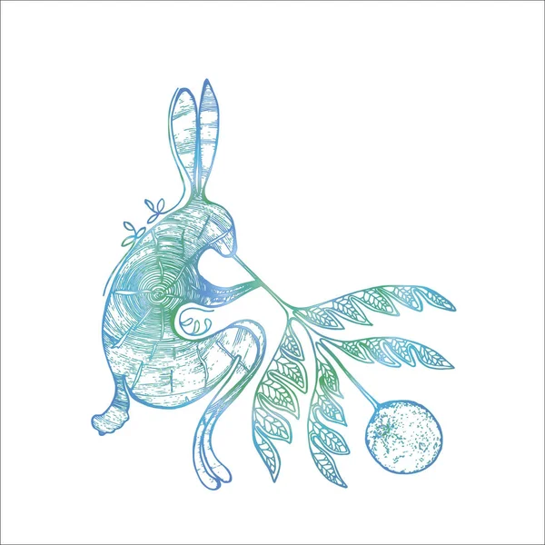 Gradiente de color ilustración de un conejo que sopla la luna a través de una ramita de una planta con un patrón. Idea tatuaje . — Vector de stock