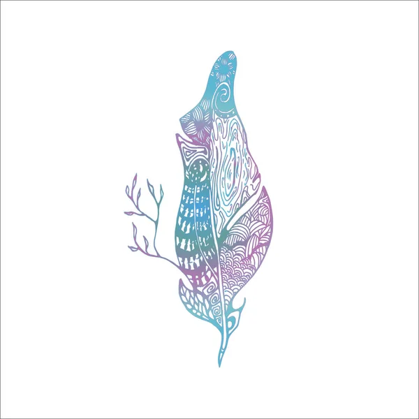 Illustration en couleur de plumes psychédéliques avec des motifs abstraits de peau animale, branche d'arbre, feuilles . — Image vectorielle