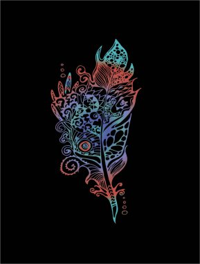 Neon illustration with stylized feathers with doodle patterns.