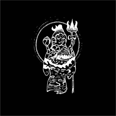 Çift pozlama ile shiva siyah ve beyaz illüstrasyon. Dağlar, gökyüzü, Halo, tanrı.