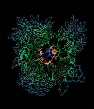 Color illustration of a bouquet of flowers. Black and white bouquet