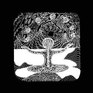 Doğa üzerine meditasyon yaptığı bir adamın illüstrasyonu. Her şey hayatın psychedelic oyunda desenleri ile oynar.