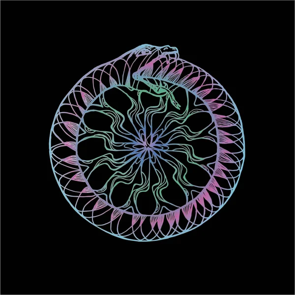 Neon-Illustration einer Uroboros-Schlange, die ihren Schwanz frisst. Muster, Idee für Tätowierung. — Stockvektor