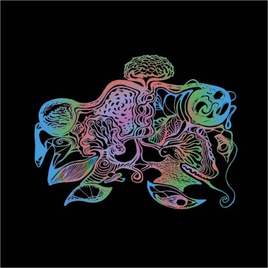 Birbirine işkembe atan iki ruhun olduğu bir resim. Kozmos, lotus, hayaletler. Psikedelik çizim.