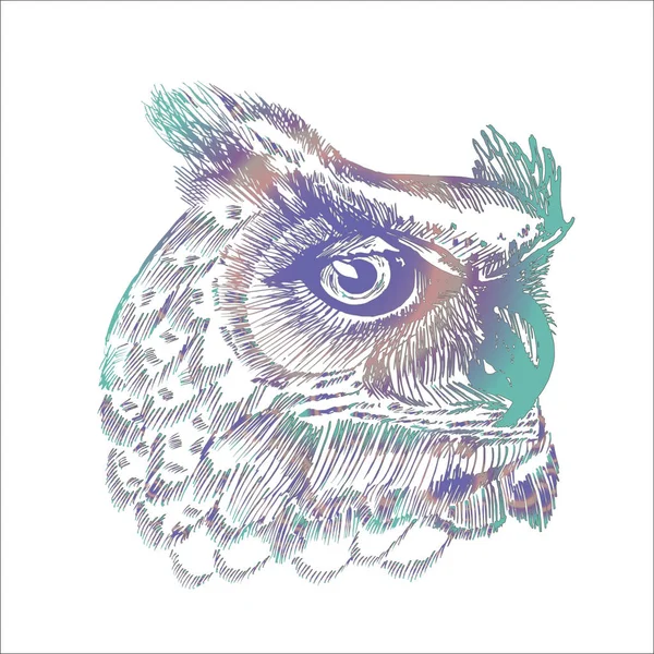 Illustration au néon d'un hibou psychodellique. Ornement, motif, nuit, planètes. Idée de tatouage . — Image vectorielle