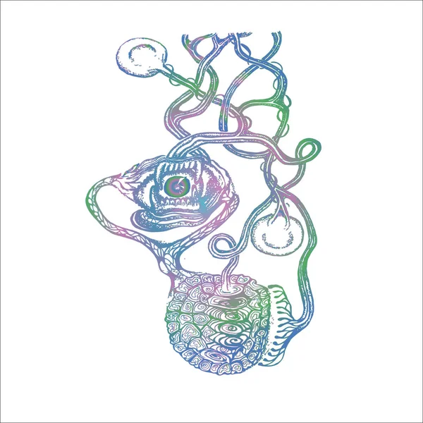 Градієнтна ілюстрація психоделічного мотиву. Око, щелепа, броня черепахи, насіння . — стоковий вектор