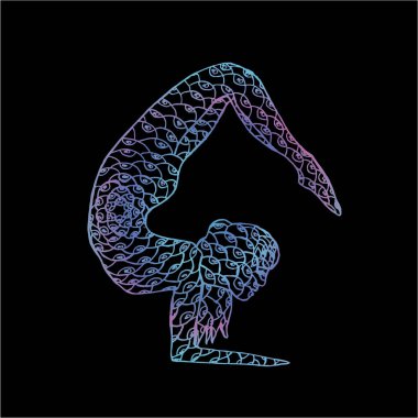 Yoga yapan bir kızın neon illüstrasyonu. Psikedelik göz süsü.