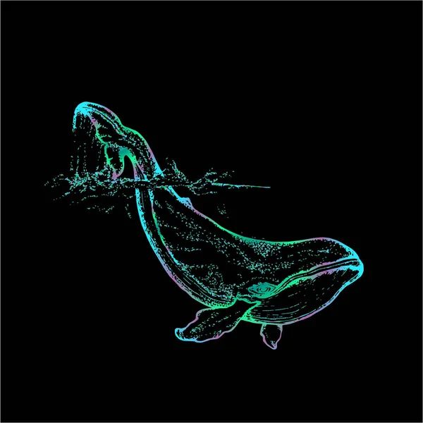 Ilustração de néon de uma cauda de levantamento de baleias nas ondas do mar. Uma ideia para uma tatuagem. — Vetor de Stock