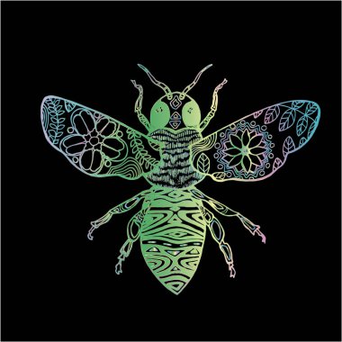 Zentangle tarzı. Kozmik bir arının renkli neon çizimi.