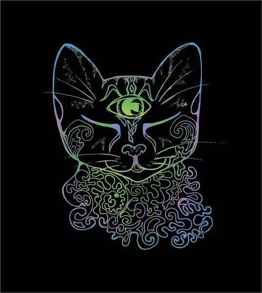 Eine Illustration einer psychedelischen Katze. Neon-Zeichnung einer Katze. — Stockvektor