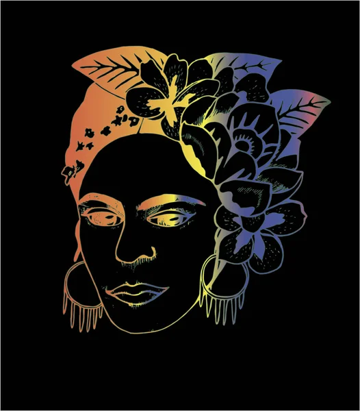 Ilustração colorida Frida Khalo. Ilustração de flores e mulher artística — Vetor de Stock