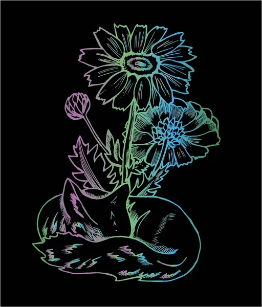 Patrón de zorro color. Ilustración de un zorro cósmico con flores — Vector de stock