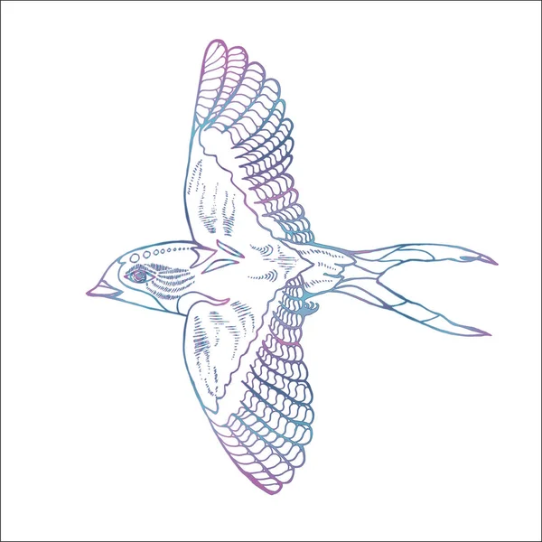 Illustration au néon d'une hirondelle dans un profil. Oiseau cosmique volant — Image vectorielle