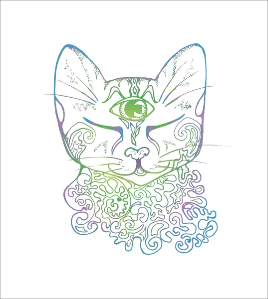 Иллюстрация психоделической кошки. Цветной рисунок кота. — стоковый вектор