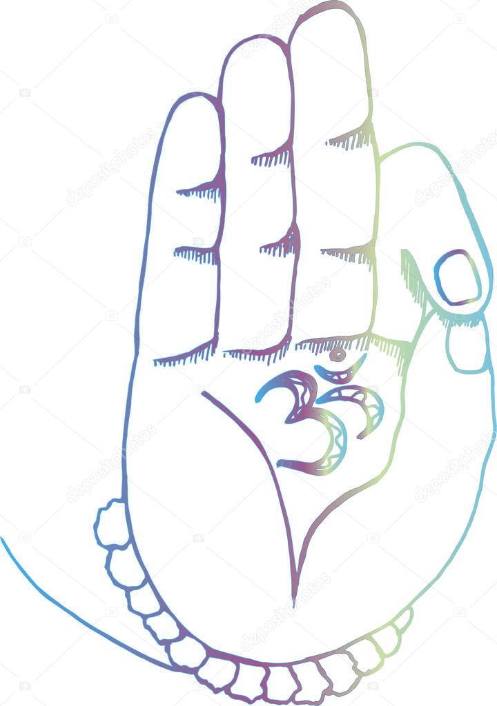 The arm of the shiva with ohm. Gradient illustration of hands and rudraksh