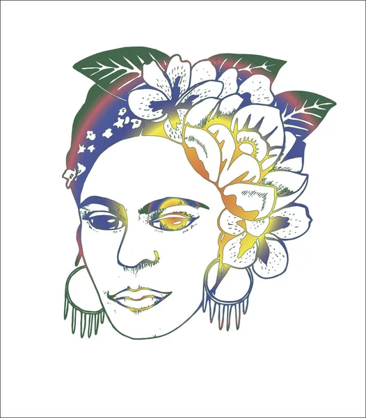 Illustration néon Frida Khalo. Illustration de fleurs et femme artistique — Image vectorielle