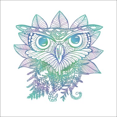 Bir baykuş Neon illüstrasyon. Bir baykuş ve bitkilerin çizimi