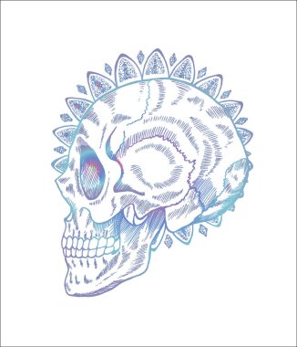 Profildeki kafatası çiziminin renk deseni. Kafatası ve mandala tarzı