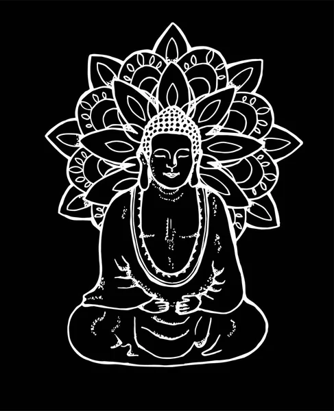 Illustration av en mediterande Mandala Buddha. Mandala i stil med vaktpost. Gatukonst. Kalk på svarta tavlan. — Stock vektor