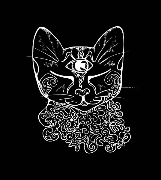 Un'illustrazione di un gatto psichedelico. Disegno in bianco e nero di un gatto. Gesso su una lavagna . — Vettoriale Stock