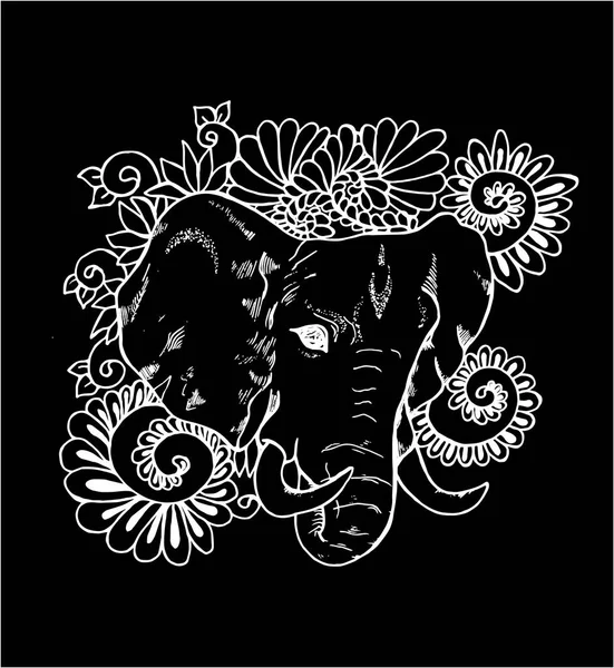 Disegno in bianco e nero di un elefante cosmico su uno sfondo di un ornamento. Ganesha divinità indiana. Gesso su una lavagna . — Vettoriale Stock