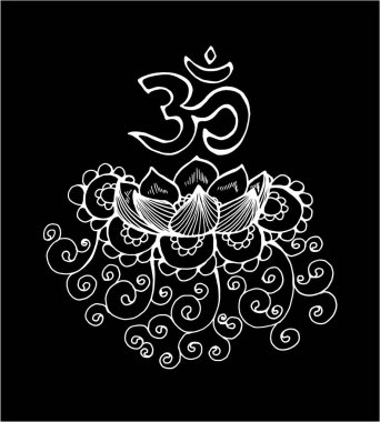 Siyah-beyaz siyah-beyaz nilüfer çizimi. Kalıp, om ve flowertus çizimi. Kalıp, om ve çiçek. Tahtadaki tebeşir.