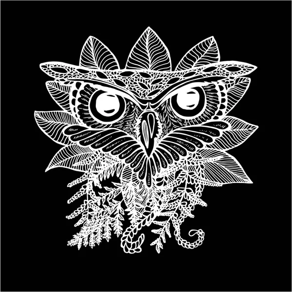 Illustration en noir et blanc d'un hibou. Dessin d'une chouette et des plantes. Craie sur un tableau noir . — Image vectorielle