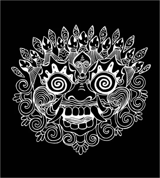 Ilustração de uma máscara tailandesa. Desenho preto e branco da divindade oriental. Giz em um quadro negro. — Vetor de Stock