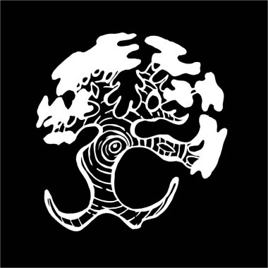 Sarmal bir süslemeyle koşan bir ağaç tasviri. Ayakların kökleri. Tahtadaki tebeşir.