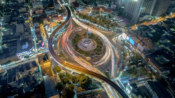 Aerial view of Victory Monument during the night time in Bangkok, Thailand