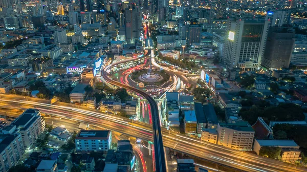 Aerial view of Victory Monument during the night time in Bangkok, Thailand