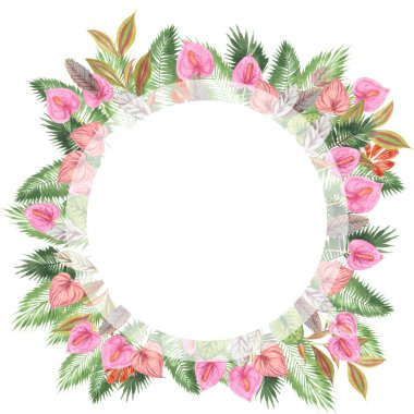 tropikal suluboya arka plan, doğal yaprak, paportnik, yoğun orman, palmiye yaprakları, liana, geleneksel chant, callas, yaklaşık, beyaz arka plan üzerinde