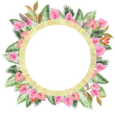 tropikal suluboya arka plan, doğal yaprak, paportnik, yoğun orman, palmiye yaprakları, liana, geleneksel chant, callas, yaklaşık, beyaz arka plan üzerinde