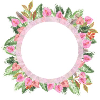 tropikal suluboya arka plan, doğal yaprak, paportnik, yoğun orman, palmiye yaprakları, liana, geleneksel chant, callas, yaklaşık, beyaz arka plan üzerinde