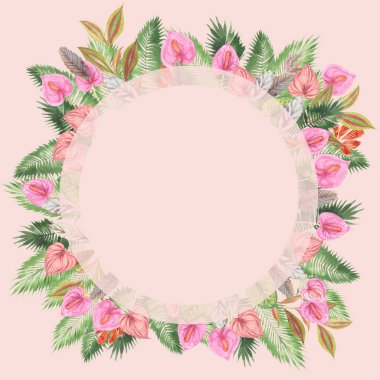 tropikal suluboya arka plan, doğal yaprak, paportnik, yoğun orman, palmiye yaprakları, liana, geleneksel chant, callas, yaklaşık, beyaz arka plan üzerinde