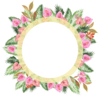 tropikal suluboya arka plan, doğal yaprak, paportnik, yoğun orman, palmiye yaprakları, liana, geleneksel chant, callas, yaklaşık, beyaz arka plan üzerinde