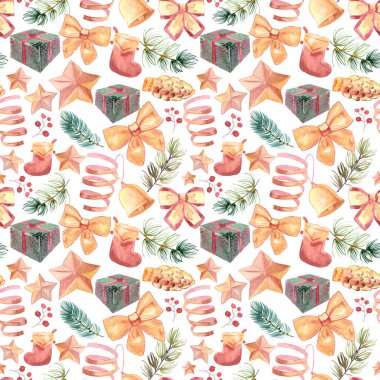 Yeni yıl kesintisiz desenleri, boyalı el yapımı su-renkler, yeni yıl öznitelikleri ve oyuncak, yeni yıl atmosfer eğlenceli, yazdırmak için uygun gerçekten sorunsuz, kaliteli, gerçekçi bir şekilde sanatçı tarafından suluboya kağıt üzerine çizilmiş.