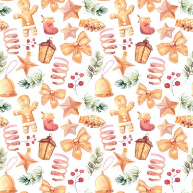 Yeni yıl kesintisiz desenleri, boyalı el yapımı su-renkler, yeni yıl öznitelikleri ve oyuncak, yeni yıl atmosfer eğlenceli, yazdırmak için uygun gerçekten sorunsuz, kaliteli, gerçekçi bir şekilde sanatçı tarafından suluboya kağıt üzerine çizilmiş.