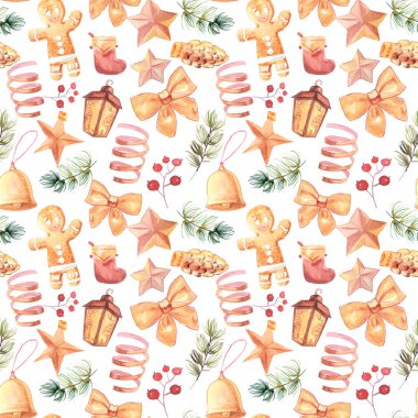 Yeni yıl kesintisiz desenleri, boyalı el yapımı su-renkler, yeni yıl öznitelikleri ve oyuncak, yeni yıl atmosfer eğlenceli, yazdırmak için uygun gerçekten sorunsuz, kaliteli, gerçekçi bir şekilde sanatçı tarafından suluboya kağıt üzerine çizilmiş.