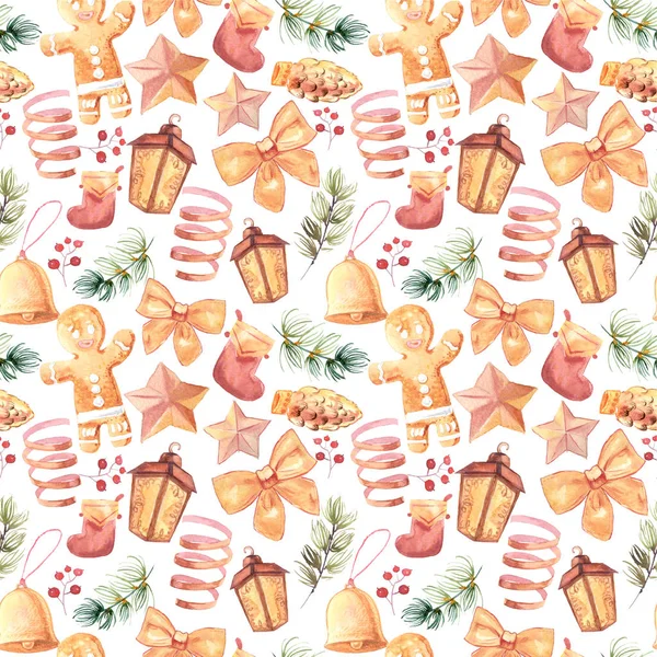 New Year seamless patterns, painted in hand-made water-colors, New Year's attributes and toys, New Year's atmosphere of fun, suitable for printing, truly seamless, of high quality, drawn in a realistic manner by the artist on watercolor paper