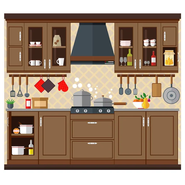 Kitchen with a set of furniture. The cozy interior of the room with a stove, wardrobe and utensils. Flat style vector illustration.