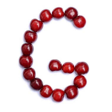 Harf G vişne alfabesinde bir harf oluşturmak için yapılmış. Berry harfler beyaz bir arka plan üzerinde.