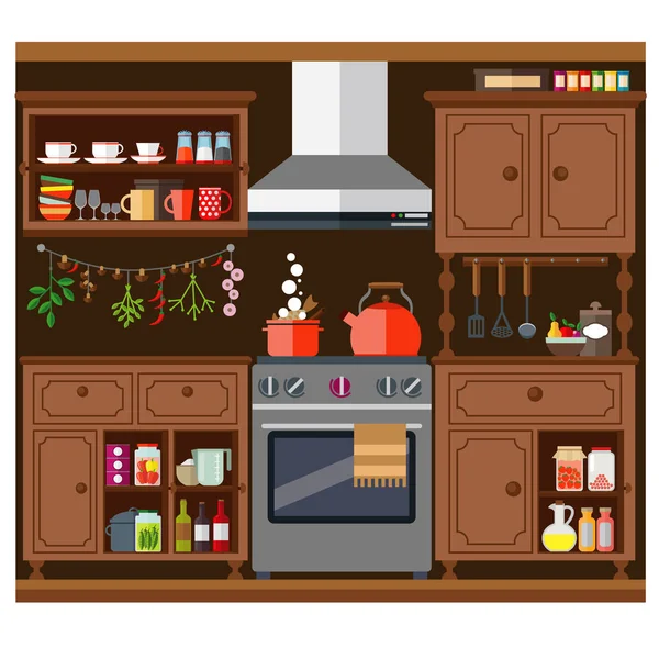 Oude Keuken Met Buffet Gasfornuis Keukenkasten Vectorillustratie Het Thema Van — Stockvector