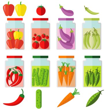 Taze sağlıklı sebze ve koruma seti kümesi. Meyve ve sebze dilimleri. Düz tasarım. Organik Tarım illüstrasyon. Sağlıklı yaşam vektör tasarım öğeleri.