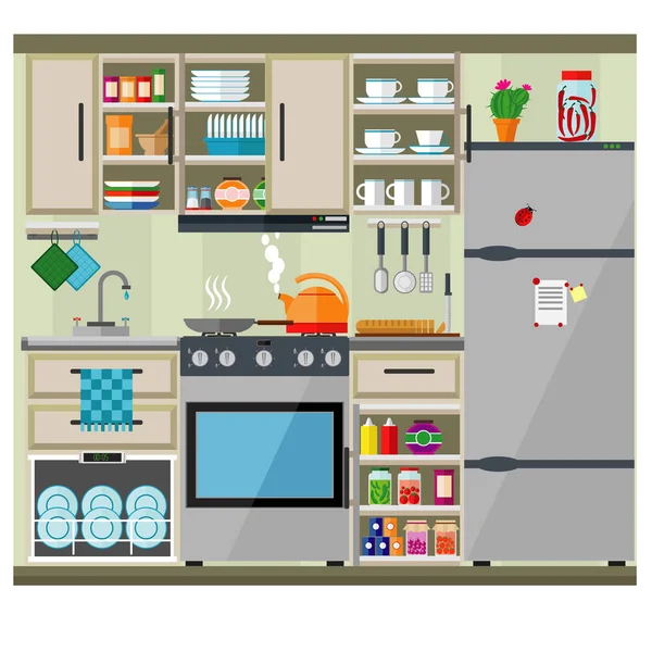 Kücheneinrichtung Mit Kühlschrank Geschirrspüler Küchenmöbeln Und Geschirr Vektorsatz — Stockvektor