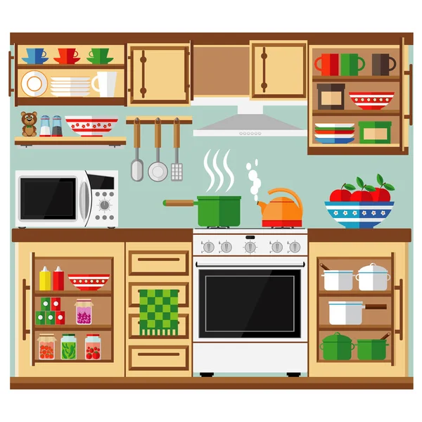 Cocina Con Conjunto Muebles Acogedor Interior Habitación Con Una Estufa — Vector de stock