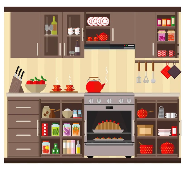 Інтер Кухні Набір Кухонних Меблів Посуду Продуктів Векторні Ілюстрації — стоковий вектор